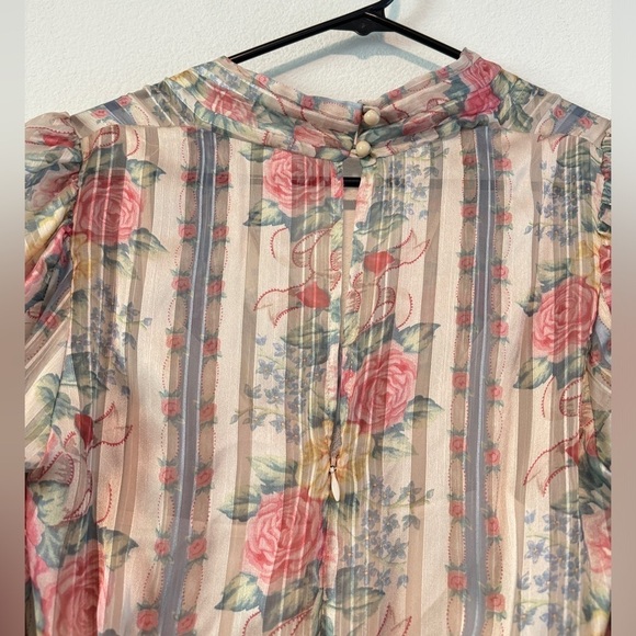 Anna Sui Whisper Rose Floral Striped Asymmetrical Puff Sleeves Cream Dress 6 - Picture 10 of 16